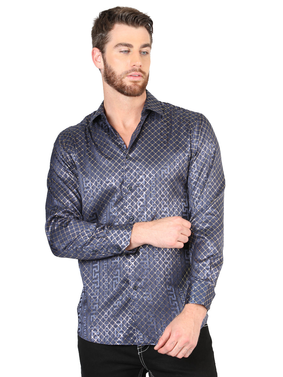Camisa Vaquera de Hombre El Señor de los Cielos Manga Larga Casual en 97% Poliéster 3% Spandex Color Azul/Oro 44551