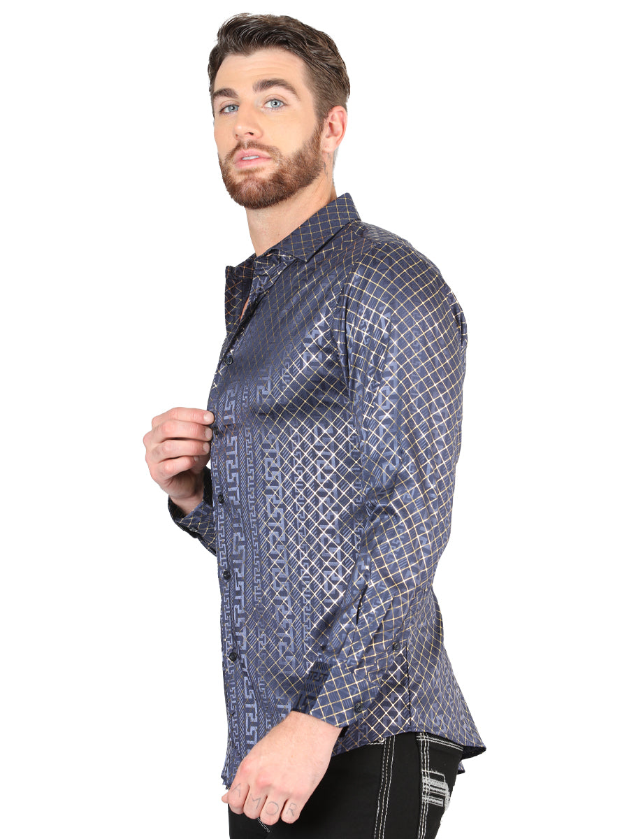 Camisa Vaquera de Hombre El Señor de los Cielos Manga Larga Casual en 97% Poliéster 3% Spandex Color Azul/Oro 44551