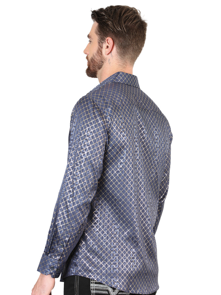 Camisa Vaquera de Hombre El Señor de los Cielos Manga Larga Casual en 97% Poliéster 3% Spandex Color Azul/Oro 44551
