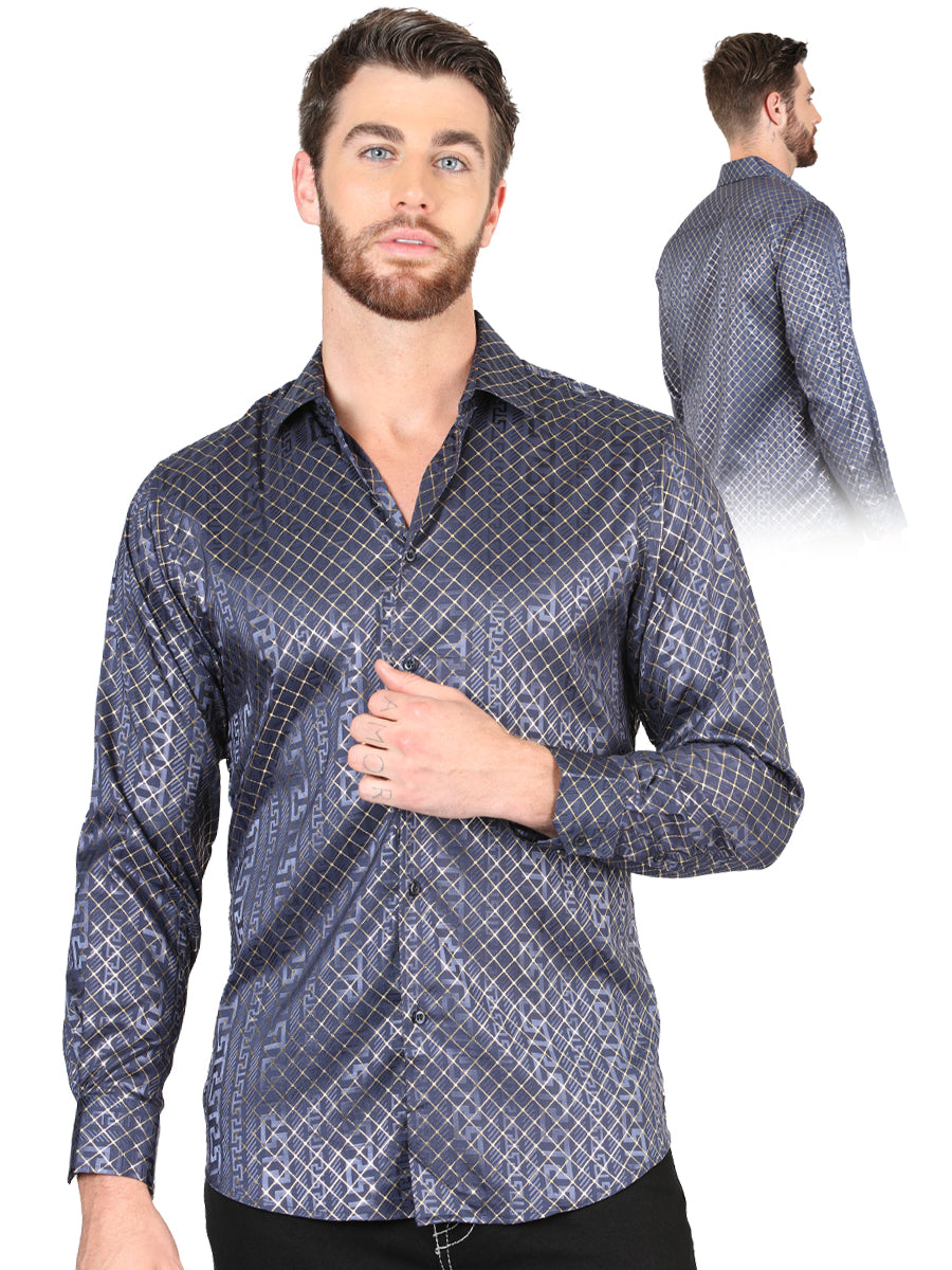 Camisa Vaquera de Hombre El Señor de los Cielos Manga Larga Casual en 97% Poliéster 3% Spandex Color Azul/Oro 44551