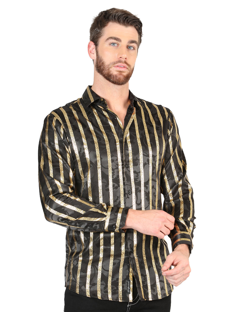 Camisa Vaquera de Hombre El Señor de los Cielos Manga Larga Casual en 97% Poliéster 3% Spandex Color Gris/Oro 44554