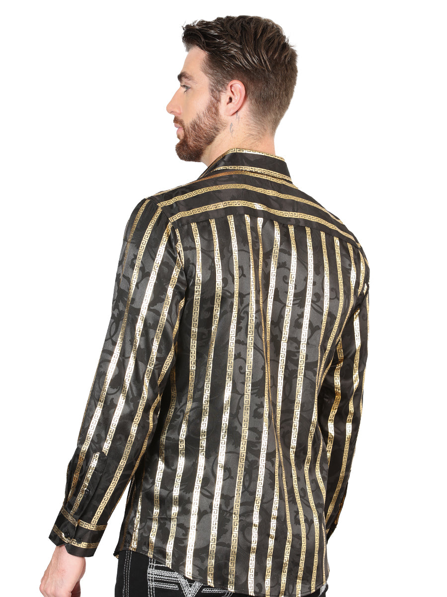 Camisa Vaquera de Hombre El Señor de los Cielos Manga Larga Casual en 97% Poliéster 3% Spandex Color Gris/Oro 44554