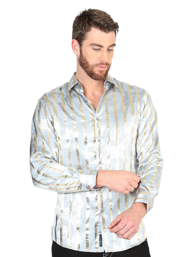 Camisa Vaquera de Hombre El Señor de los Cielos Manga Larga Casual en 97% Poliéster 3% Spandex Color Gris/Dorado 44578
