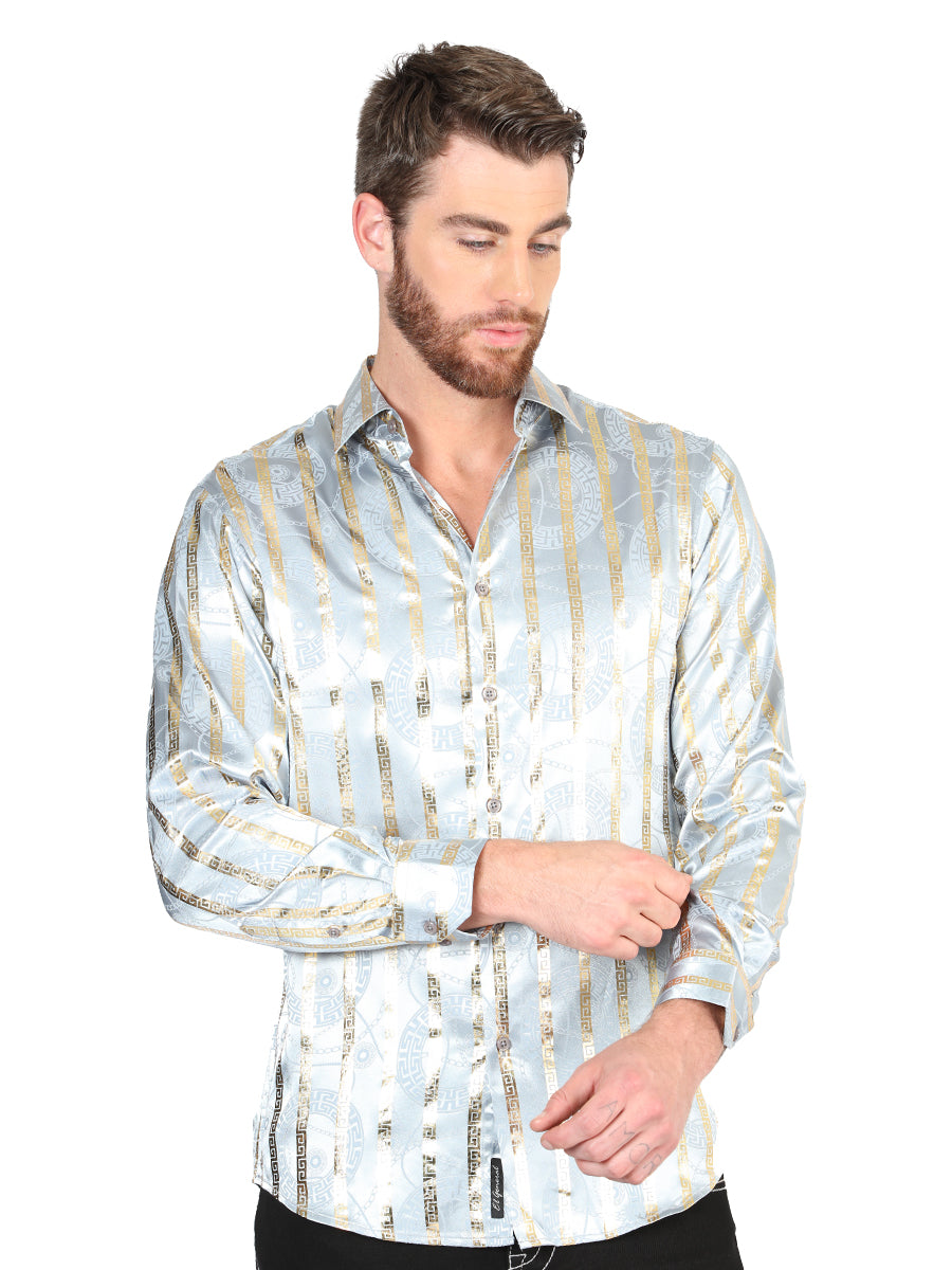 Camisa Vaquera de Hombre El Señor de los Cielos Manga Larga Casual en 97% Poliéster 3% Spandex Color Gris/Dorado 44578