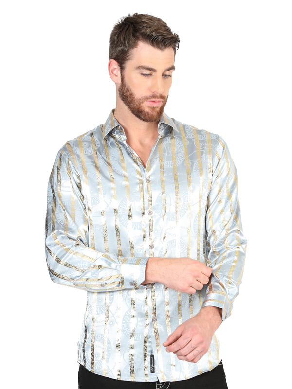 Camisa Vaquera de Hombre El Señor de los Cielos Manga Larga Casual en 97% Poliéster 3% Spandex Color Gris/Dorado 44578