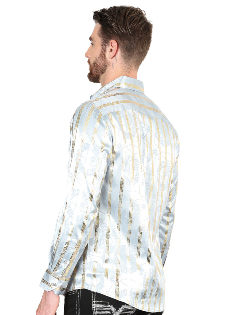 Camisa Vaquera de Hombre El Señor de los Cielos Manga Larga Casual en 97% Poliéster 3% Spandex Color Gris/Dorado 44578