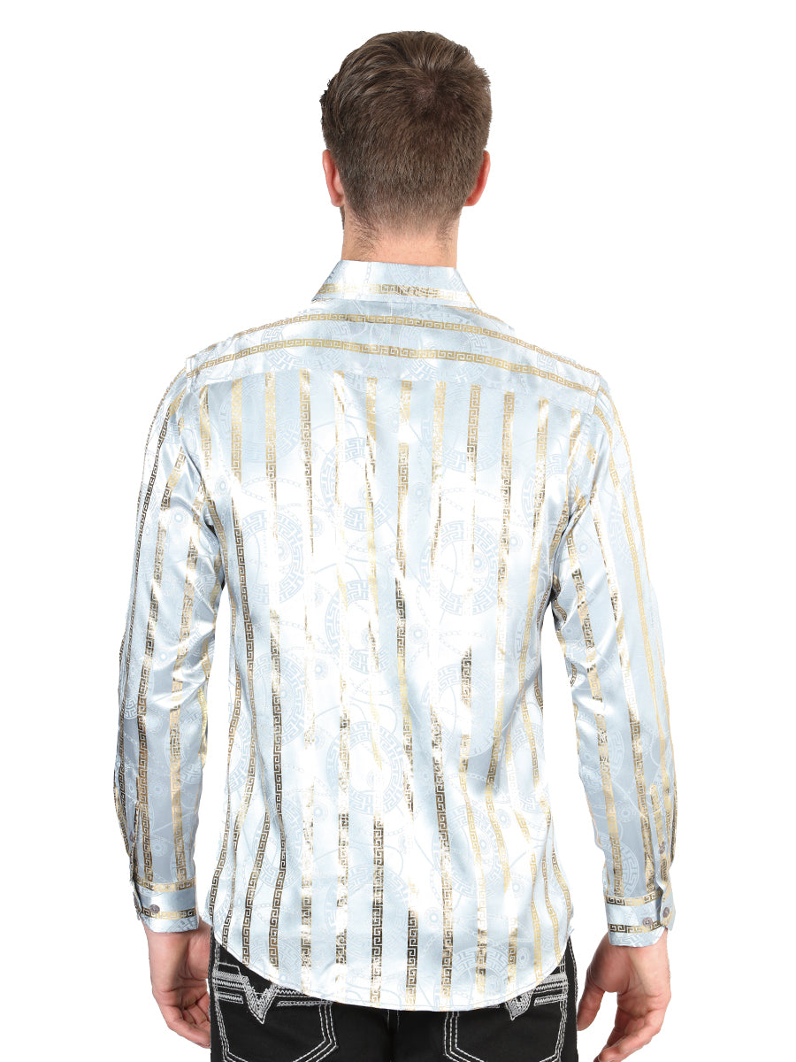 Camisa Vaquera de Hombre El Señor de los Cielos Manga Larga Casual en 97% Poliéster 3% Spandex Color Gris/Dorado 44578