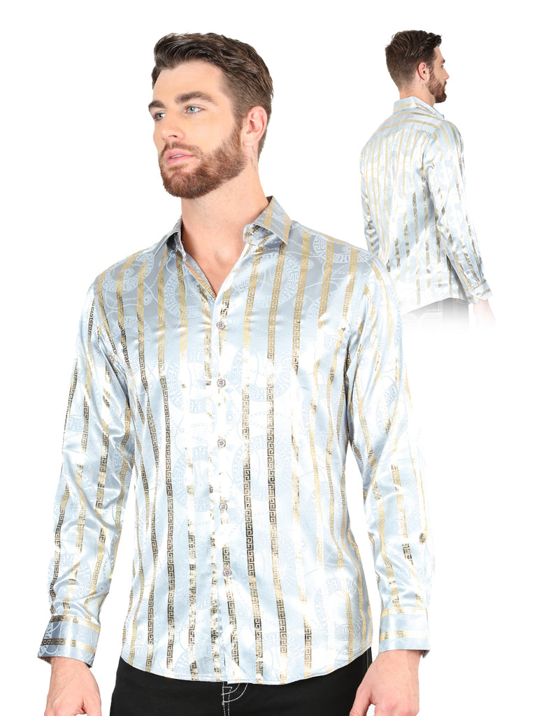 Camisa Vaquera de Hombre El Señor de los Cielos Manga Larga Casual en 97% Poliéster 3% Spandex Color Gris/Dorado 44578