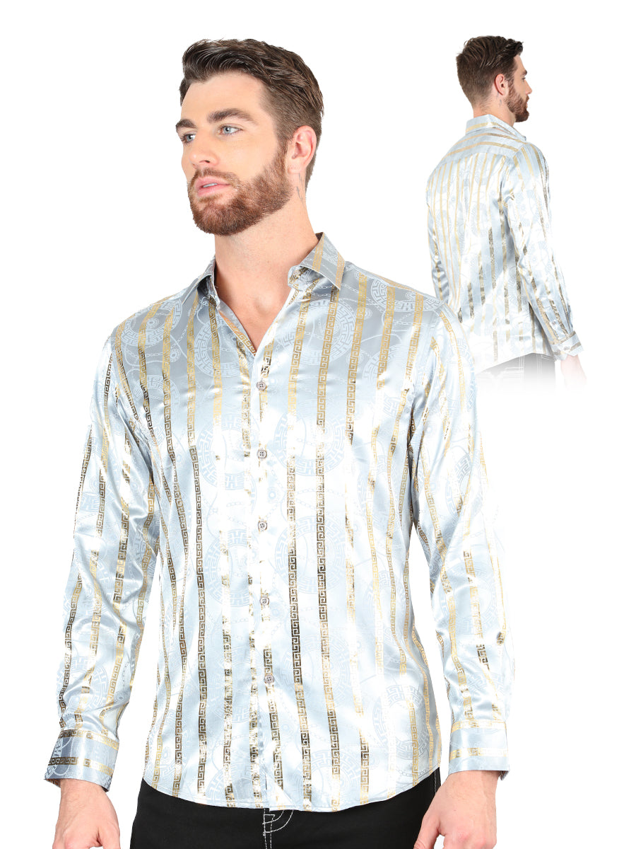 Camisa Vaquera de Hombre El Señor de los Cielos Manga Larga Casual en 97% Poliéster 3% Spandex Color Gris/Dorado 44578