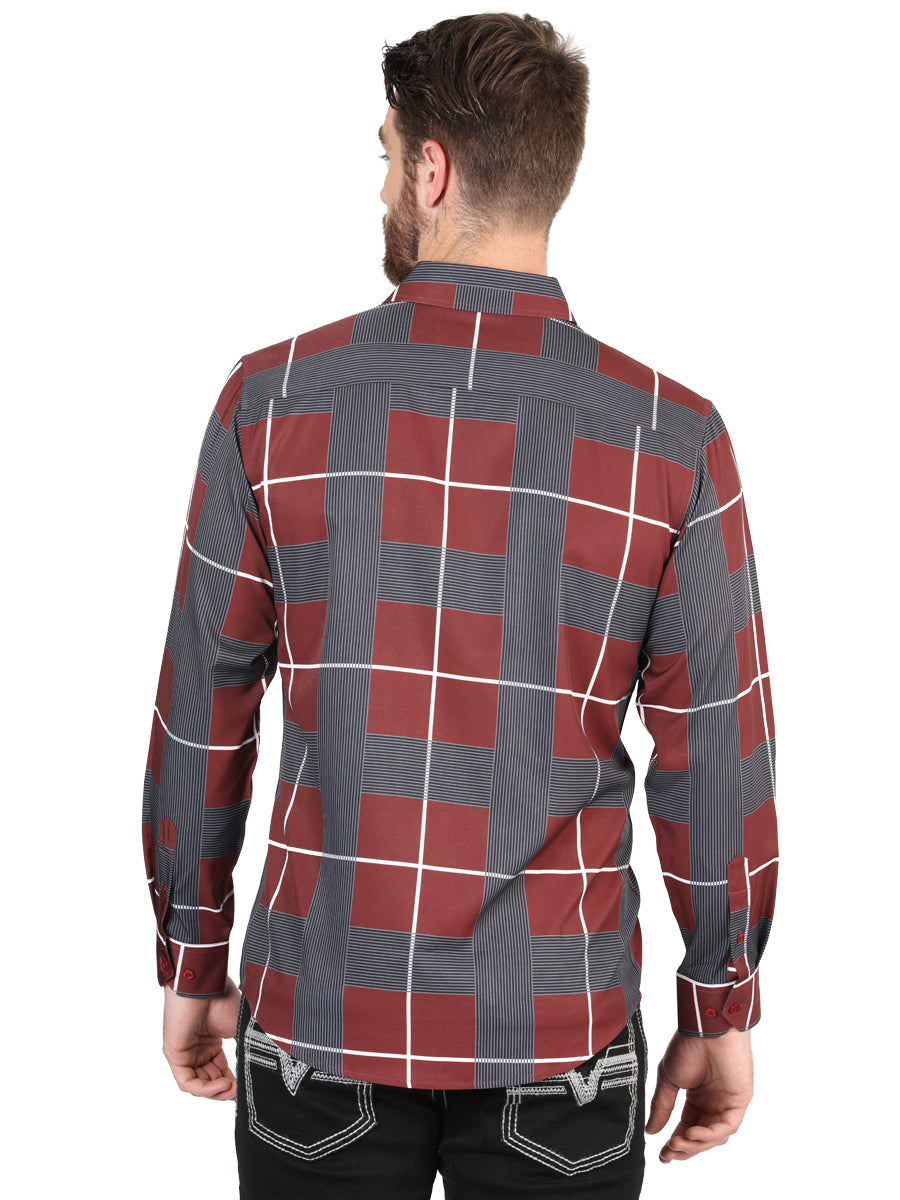 Camisa Vaquera de Hombre El Señor de los Cielos Manga Larga Casual en 97% Poliéster 3% Spandex Color Vino 44603