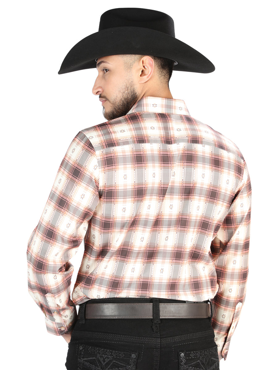 Camisa Vaquera de Hombre El Señor de los Cielos Manga Larga Casual en 97% Poliéster 3% Spandex Color Naranja/Beige 44699