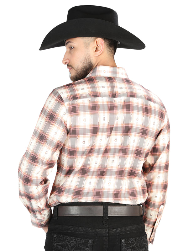 Camisa Vaquera de Hombre El Señor de los Cielos Manga Larga Casual en 97% Poliéster 3% Spandex Color Naranja/Beige 44699