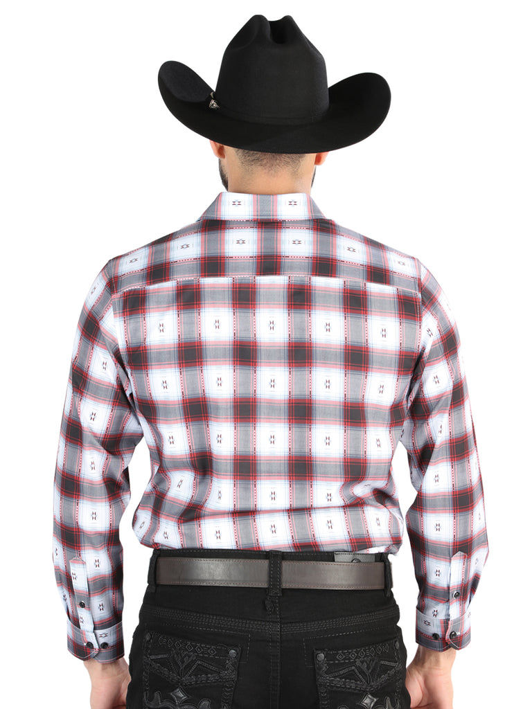 Camisa Vaquera de Hombre El Señor de los Cielos Manga Larga Casual en 97% Poliéster 3% Spandex Color Negro/Rojo 44701