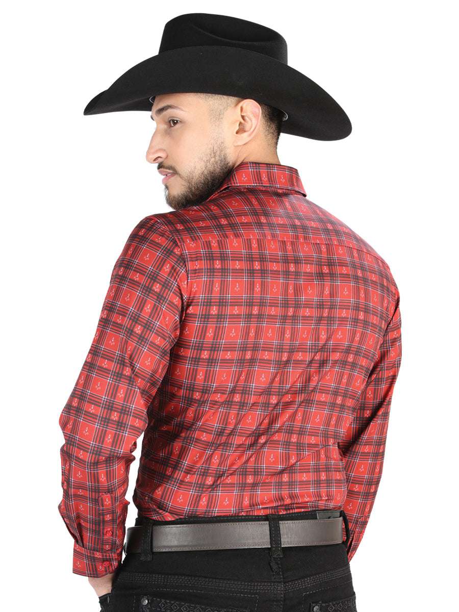 Camisa Vaquera de Hombre El Señor de los Cielos Manga Larga Casual en 97% Poliéster 3% Spandex Color Rojo/Negro 44705