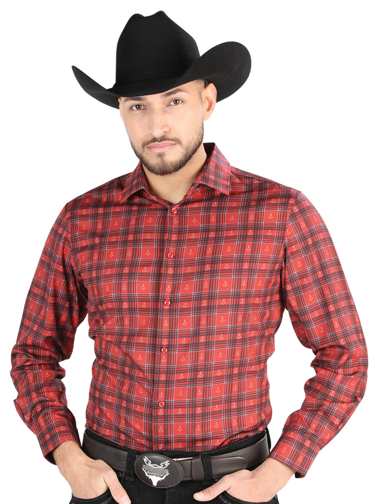 Camisa Vaquera de Hombre El Señor de los Cielos Manga Larga Casual en 97% Poliéster 3% Spandex Color Rojo/Negro 44705