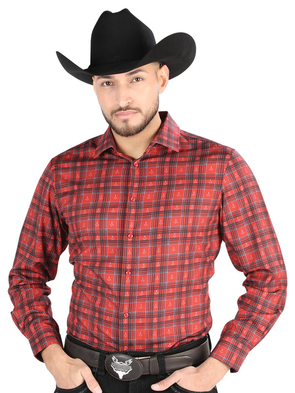 Camisa Vaquera de Hombre El Señor de los Cielos Manga Larga Casual en 97% Poliéster 3% Spandex Color Rojo/Negro 44705