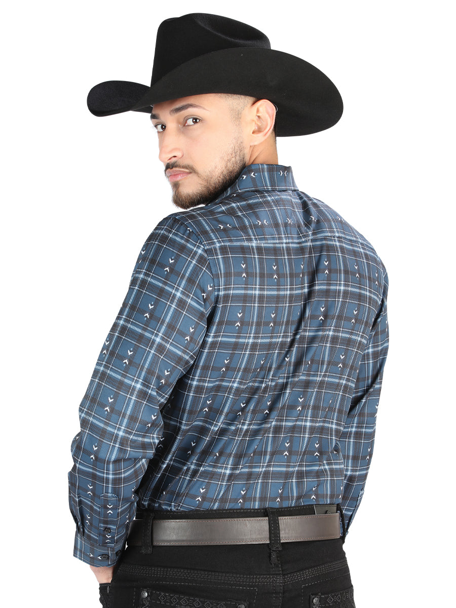 Camisa Vaquera de Hombre El Señor de los Cielos Manga Larga Casual en 97% Poliéster 3% Spandex Color Gris/Blanco 44706
