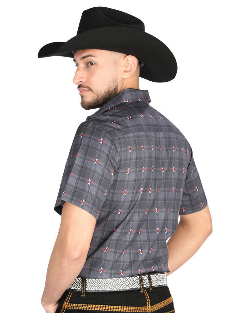 Camisa Vaquera de Hombre El Señor de los Cielos Manga Larga Casual en 97% Poliéster 3% Spandex Color Gris/Café 44708