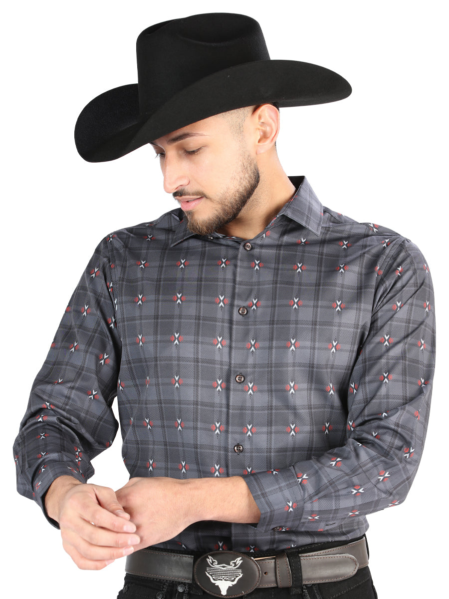 Camisa Vaquera de Hombre El Señor de los Cielos Manga Larga Casual en 97% Poliéster 3% Spandex Color Gris/Café 44708