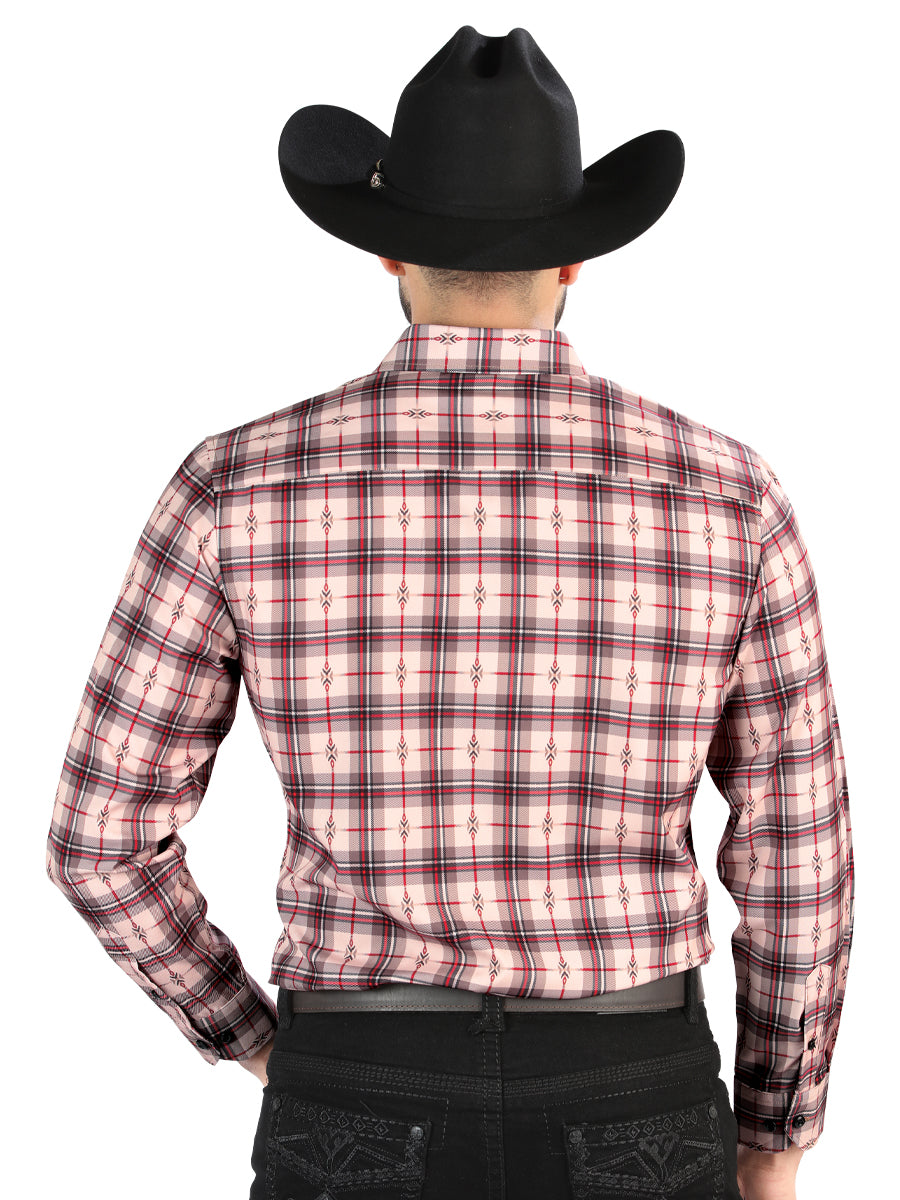 Camisa Vaquera de Hombre El Señor de los Cielos Manga Larga Casual en 97% Poliéster 3% Spandex Color Beige/Rojo 44711