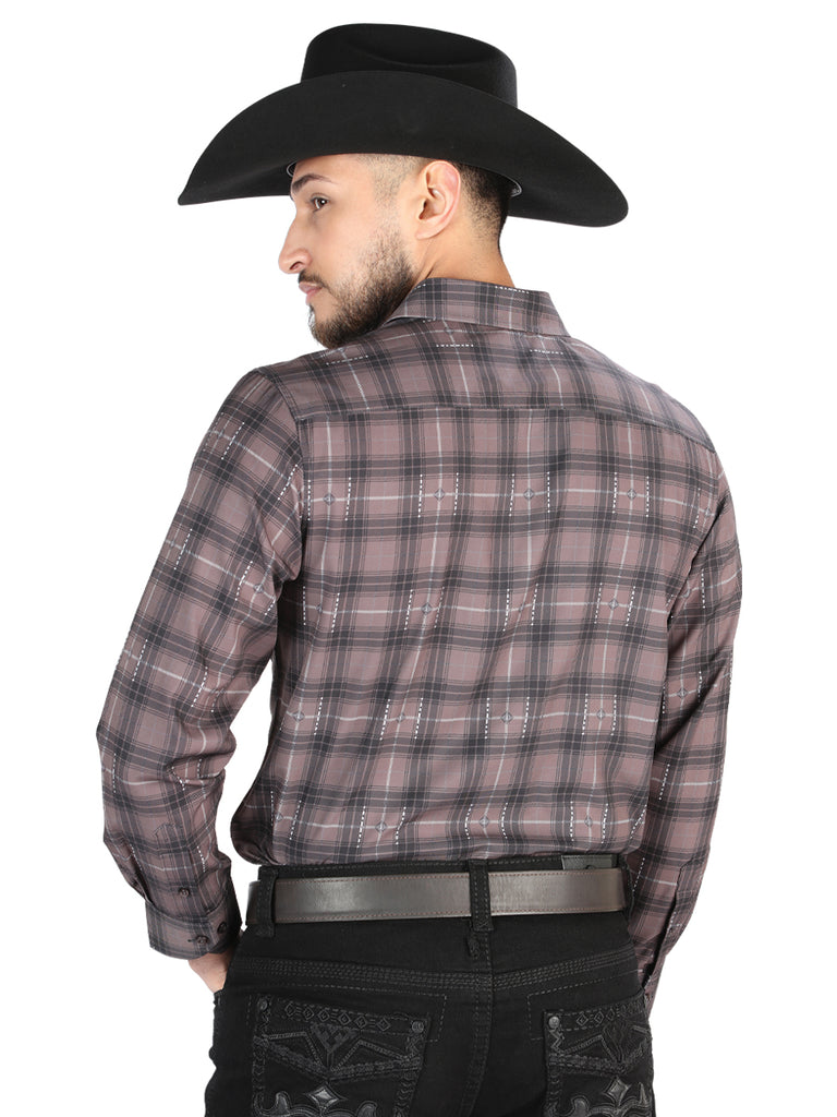 Camisa Vaquera de Hombre El Señor de los Cielos Mocha/olive Manga Larga Casual en 97% Poliéster 3% Spandex 44712