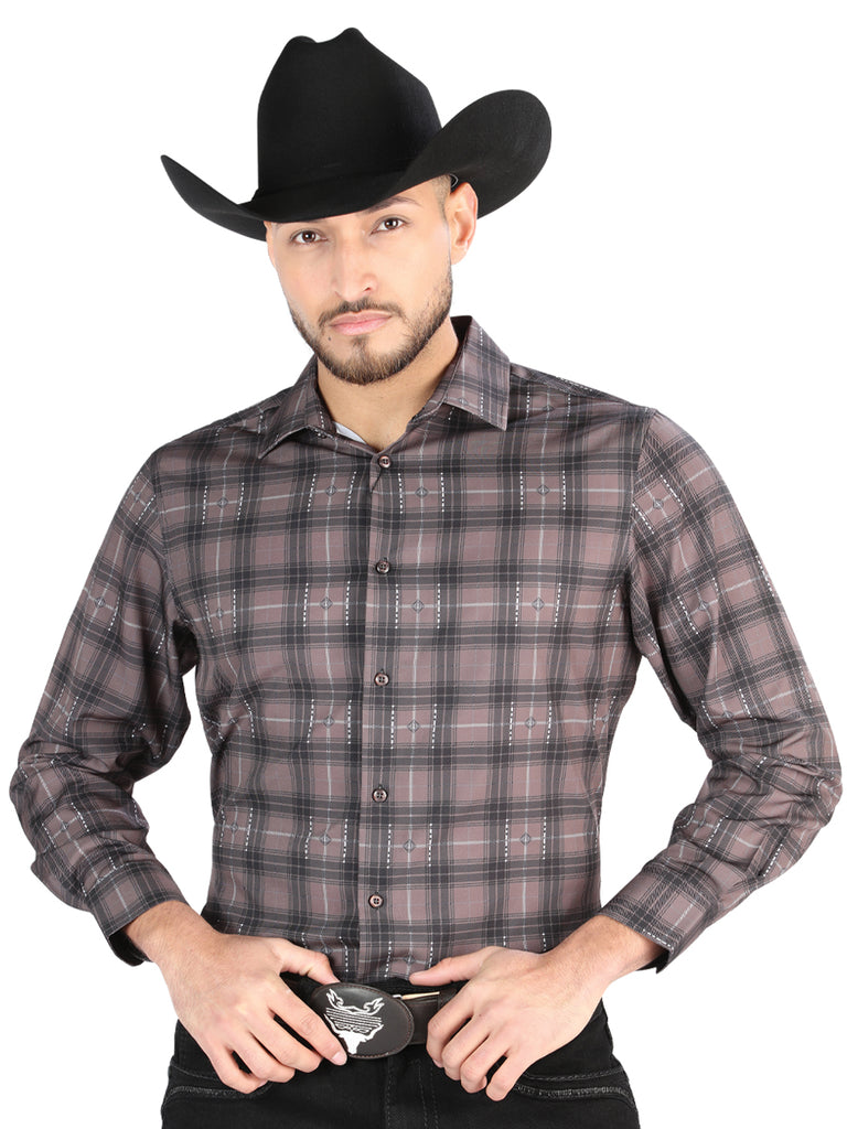 Camisa Vaquera de Hombre El Señor de los Cielos Mocha/olive Manga Larga Casual en 97% Poliéster 3% Spandex 44712