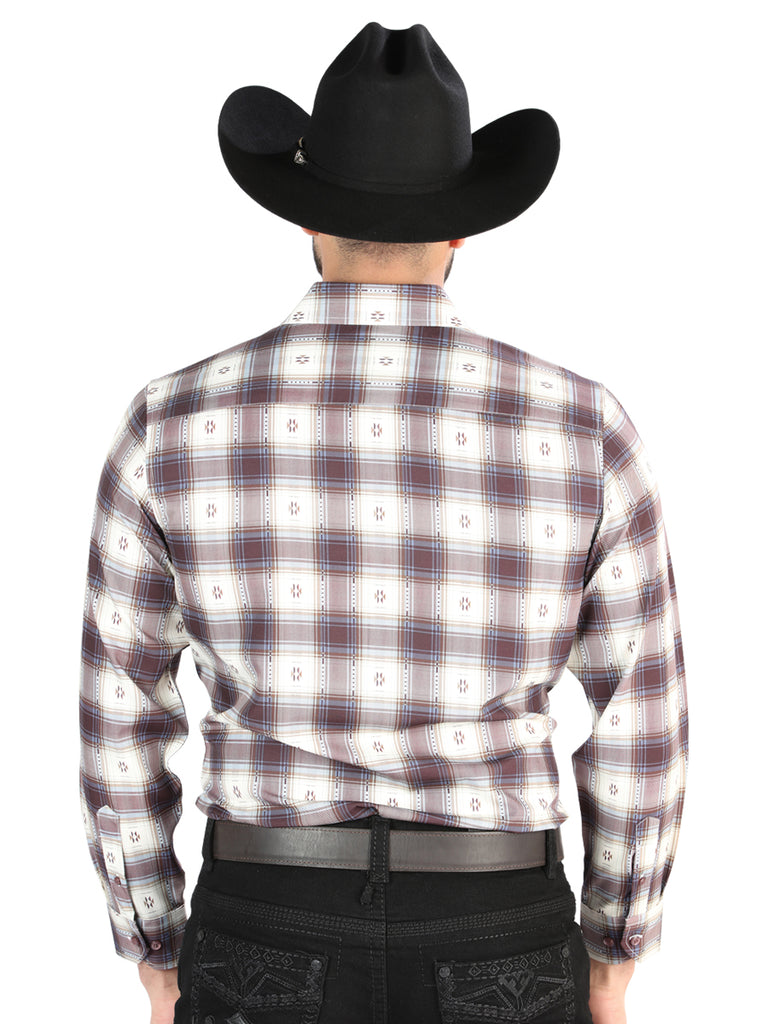 Camisa Vaquera de Hombre El Señor de los Cielos Manga Larga Casual en 97% Poliéster 3% Spandex Color Beige/Vino 44713