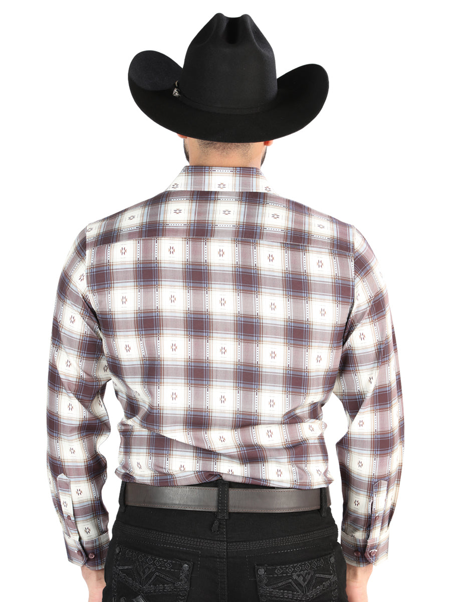 Camisa Vaquera de Hombre El Señor de los Cielos Manga Larga Casual en 97% Poliéster 3% Spandex Color Beige/Vino 44713