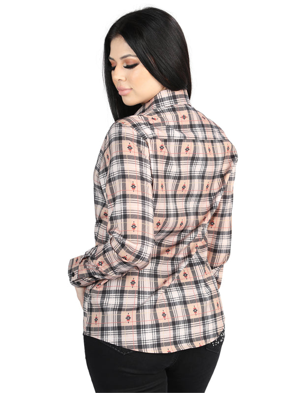 Camisa Vaquera de Mujer El Señor de los Cielos Manga Larga Casual en 97% Poliéster 3% Spandex Color Beige/Negro 44715