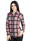 Camisa Vaquera de Mujer El Señor de los Cielos Manga Larga Casual en 97% Poliéster 3% Spandex Color Blanco/Rojo 44724