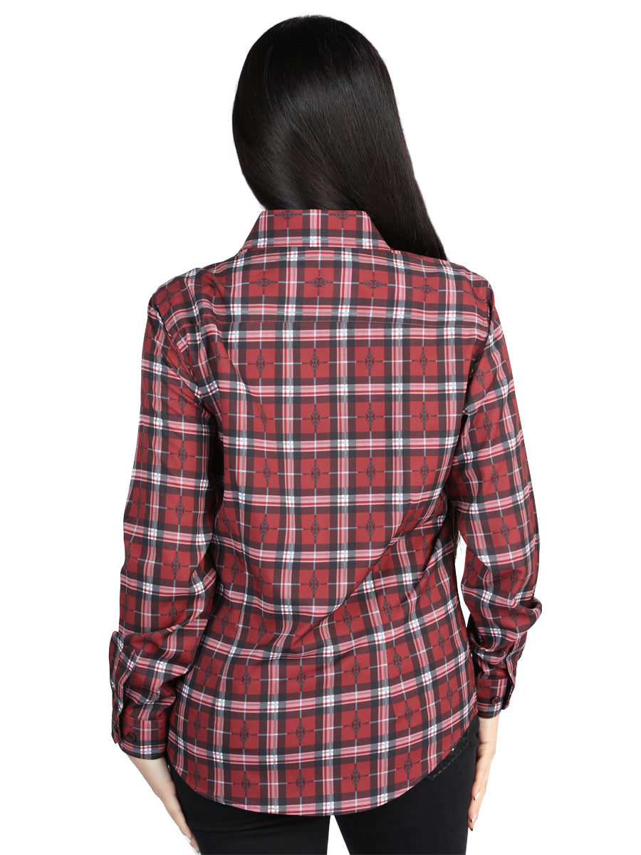 Camisa Vaquera de Mujer El Señor de los Cielos Manga Larga Casual en 97% Poliéster 3% Spandex Color Rojo/Negro 44727