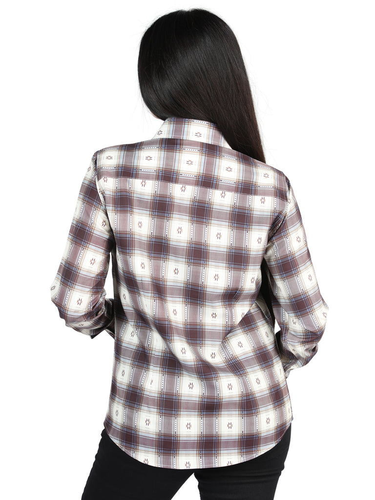 Camisa Vaquera de Mujer El Señor de los Cielos Manga Larga Casual en 97% Poliéster 3% Spandex Color Beige/Vino 44730