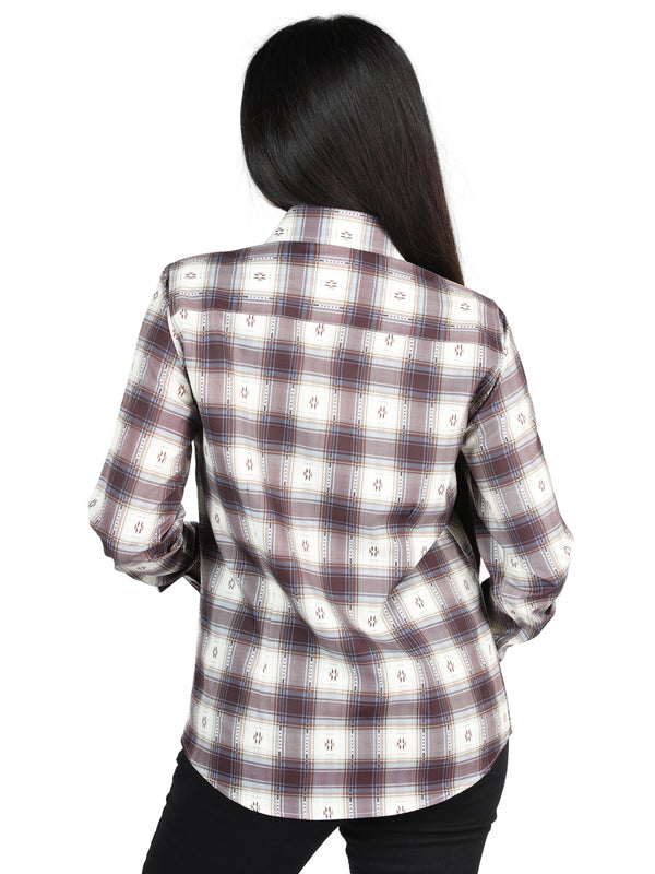 Camisa Vaquera de Mujer El Señor de los Cielos Manga Larga Casual en 97% Poliéster 3% Spandex Color Beige/Vino 44730