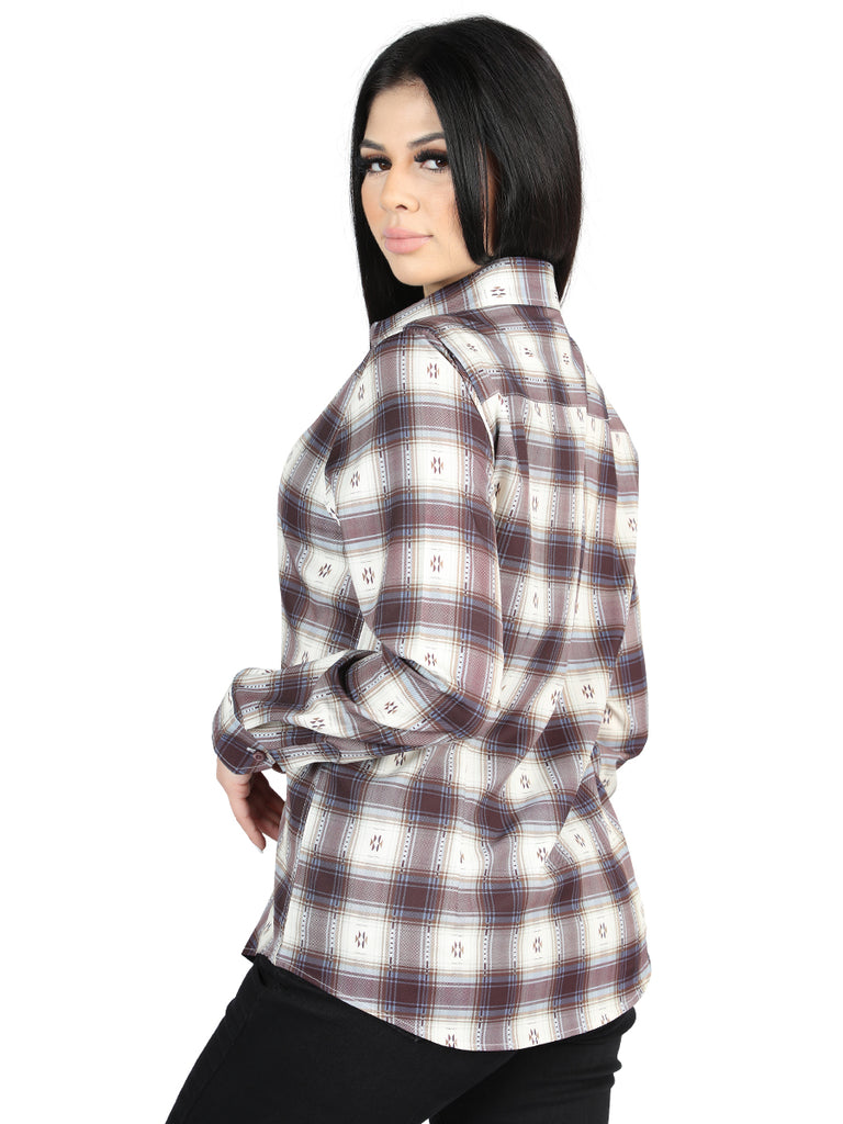 Camisa Vaquera de Mujer El Señor de los Cielos Manga Larga Casual en 97% Poliéster 3% Spandex Color Beige/Vino 44730