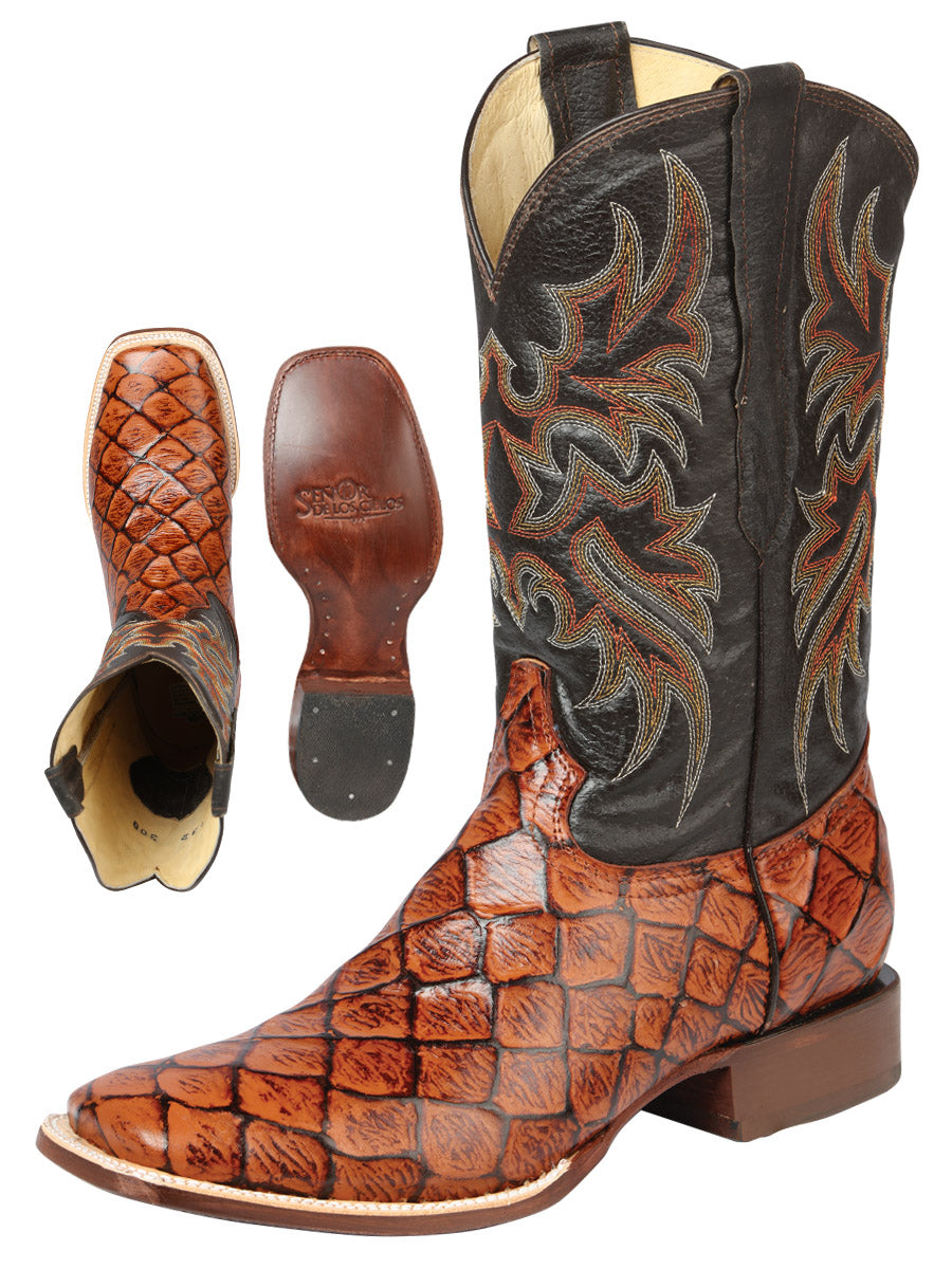 Bota Vaquera Hombre El Señor de los Cielos Piel Bovino Grabado Monster Fish Cognac - Modelo 44933