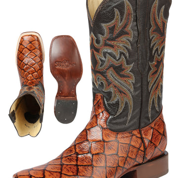 Bota Vaquera Hombre El Señor de los Cielos Piel Bovino Grabado Monster Fish Cognac - Modelo 44933