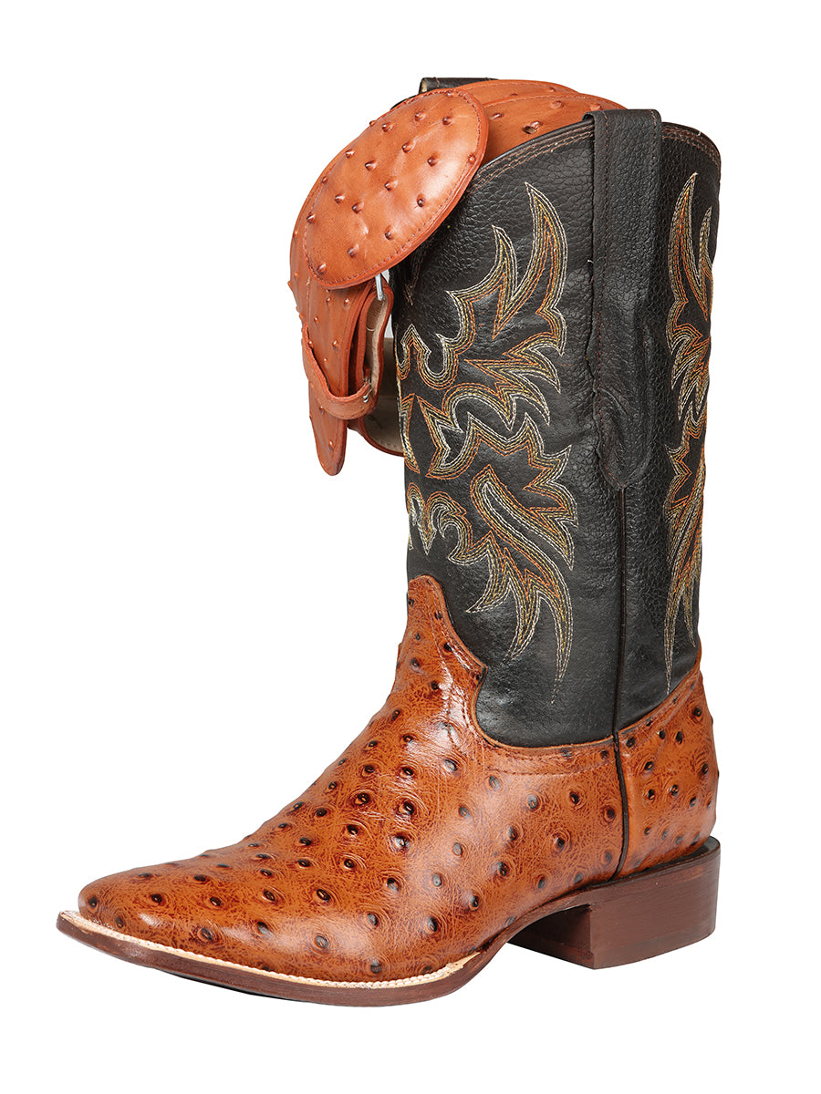 Bota Vaquera Rodeo Hombre El Señor de los Cielos Piel Bovino Grabado Avestruz Cognac - Modelo 44936