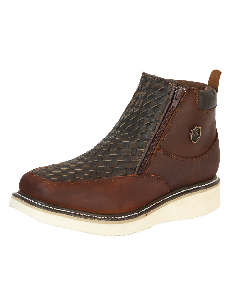 Sefeni Caballero Double Zipper Zapato Loco Piel - Roble 45397