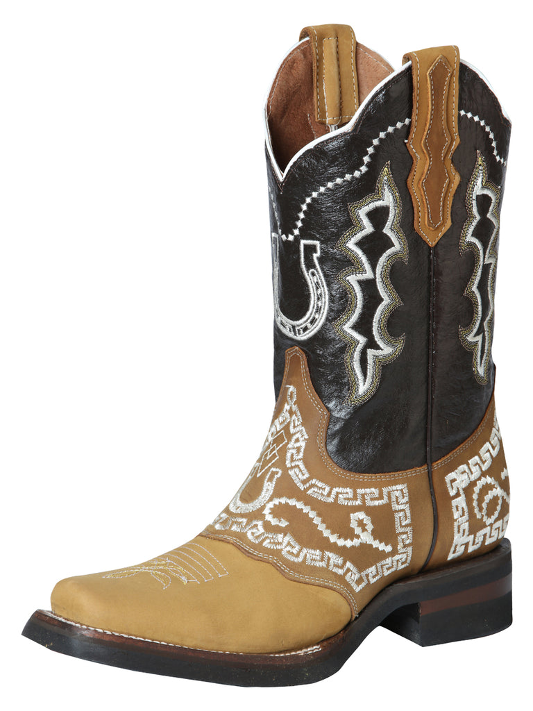 Bota Vaquera de Hombre El General Bordada Rodeo en Piel Nobuck Color Miel 51111