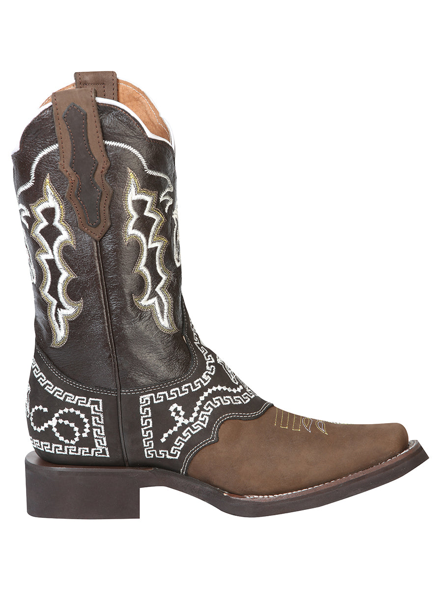 Bota Vaquera de Hombre El General Bordada Rodeo en Piel Nobuck Color Camel 51117