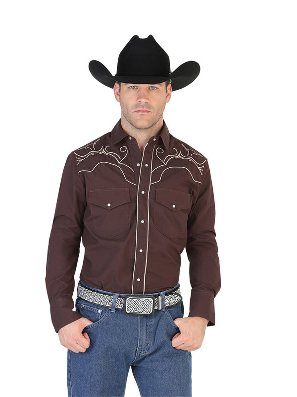 Camisa Vaquera de Hombre El Señor de los Cielos SC18-07 Bordada Casual en 65% Poliéster 35% Algodón Color Café 123908