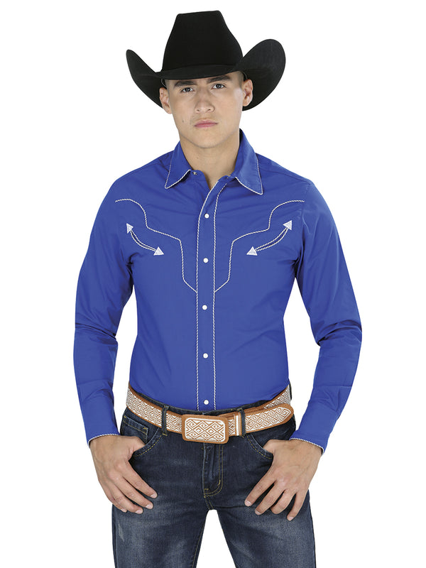 Camisa Vaquera de Hombre El Señor de los Cielos Manga Larga Bordada Casual en 65% Poliéster 35% Algodón Color Azul Marino 123918