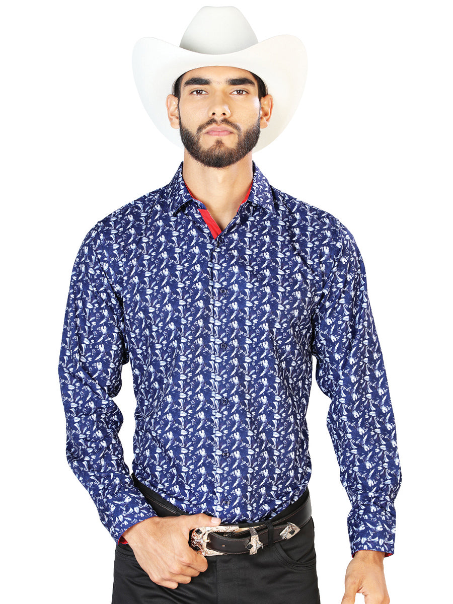 Camisa Vaquera de Hombre Centenario Manga Larga Casual en 95% Poliéster 5% Spandex Color Azul 126261