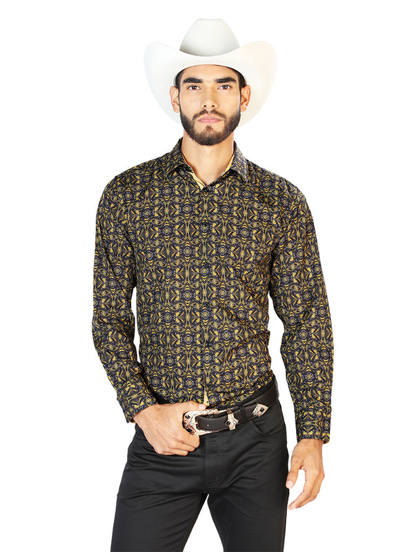 Camisa Vaquera de Hombre Centenario Manga Larga Casual en 95% Poliéster 5% Spandex Color Negro/Dorado 126273