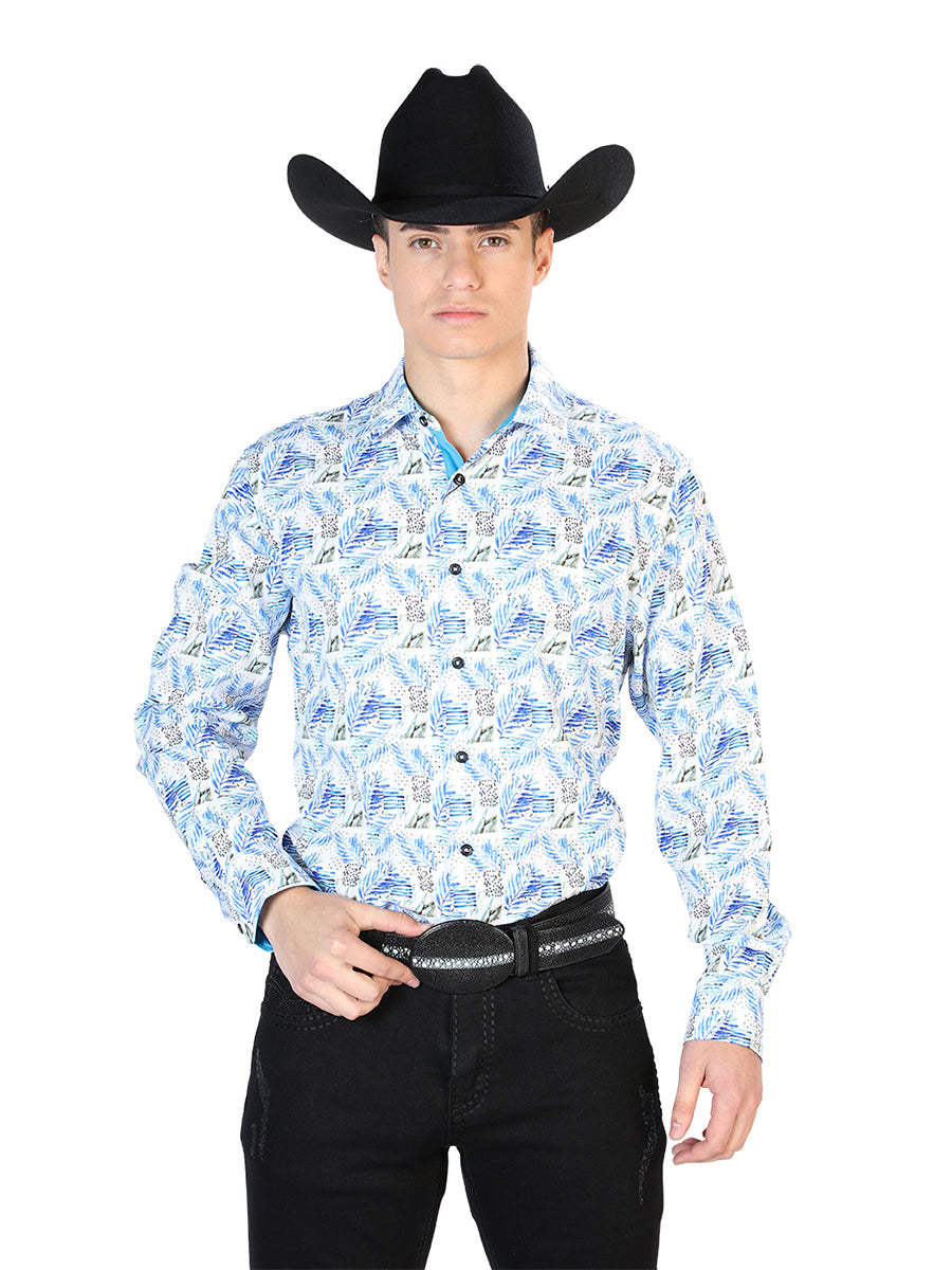 Camisa Vaquera de Hombre Centenario Manga Larga Casual en 95% Poliéster 5% Spandex Color Blanco 126277