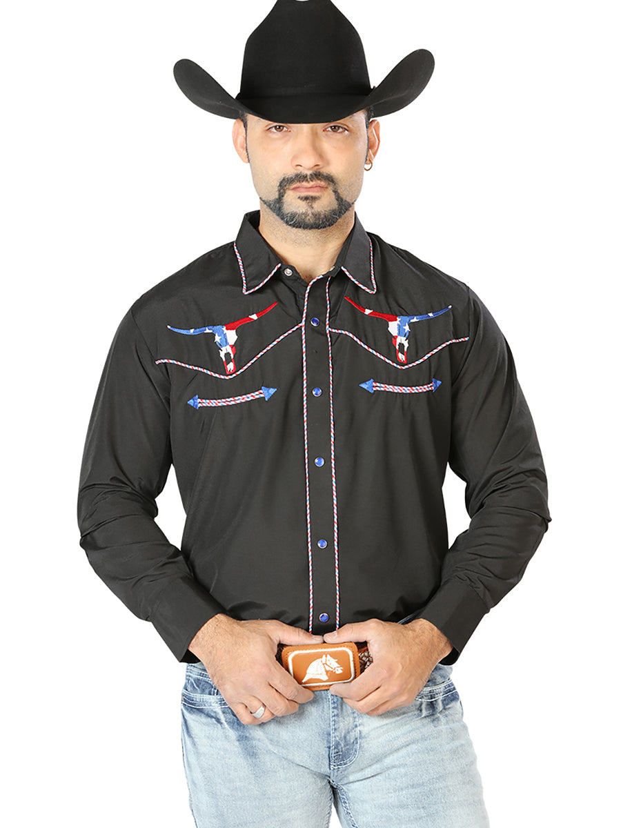 Camisa Vaquera de Hombre El Señor de los Cielos Manga Larga Bordada Casual en 65% Poliéster 35% Algodón Color Negro 126671