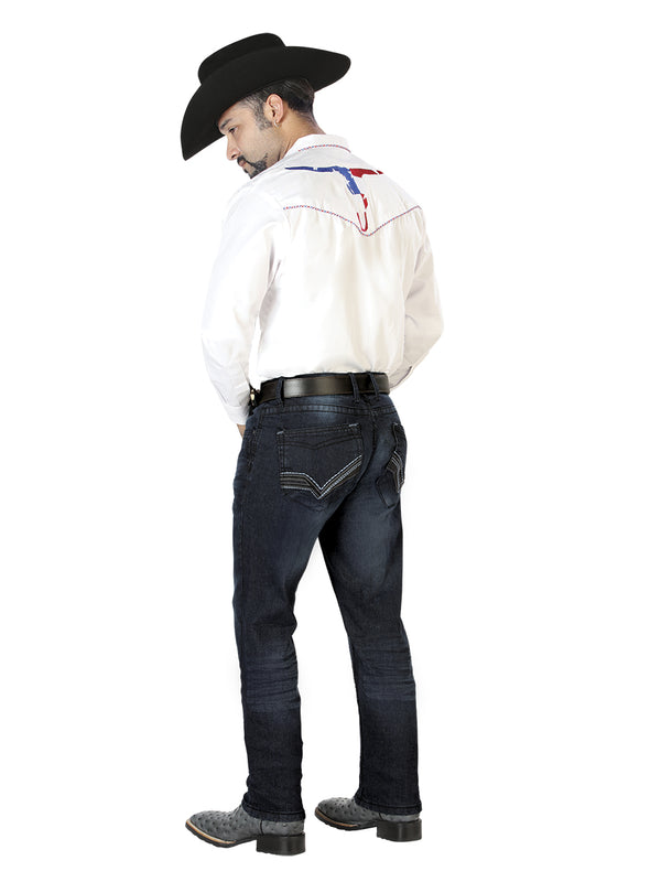 Camisa Vaquera de Hombre El Señor de los Cielos Manga Larga Bordada Casual en 65% Poliéster 35% Algodón Color Blanco/Rojo 126672