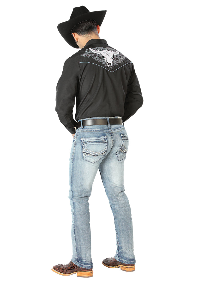 Camisa Vaquera de Hombre El Señor de los Cielos Manga Larga Bordada Casual en 65% Poliéster 35% Algodón Color Negro/Blanco 126676