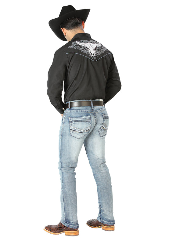 Camisa Vaquera de Hombre El Señor de los Cielos Manga Larga Bordada Casual en 65% Poliéster 35% Algodón Color Negro/Blanco 126676