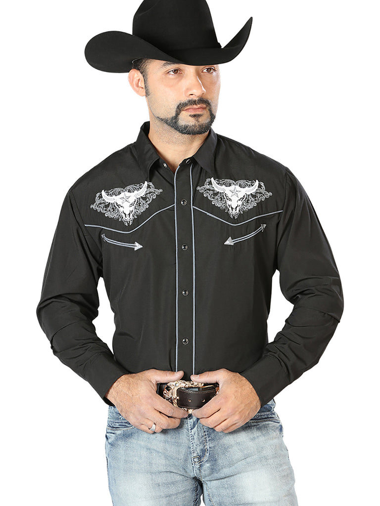 Camisa Vaquera de Hombre El Señor de los Cielos Manga Larga Bordada Casual en 65% Poliéster 35% Algodón Color Negro/Blanco 126676